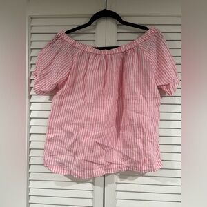 J. Crew Pullover Off Shoulder Top Linen Pink and White Stripes